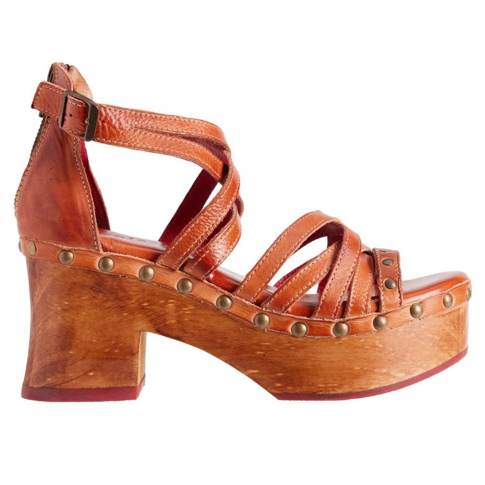 Bed Stu Brown and Red Sandals with Wooden Platform